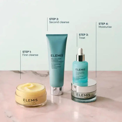 Elemis skincare products with step-by-step instructions on a light background