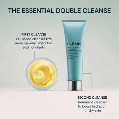 ELEMIS skincare product with text explaining the essential double cleanse routine.