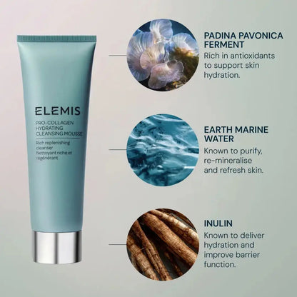Elemis skincare product with images of Padina Pavonica ferment, Earth Marine Water, and Inulin on a light gray background.