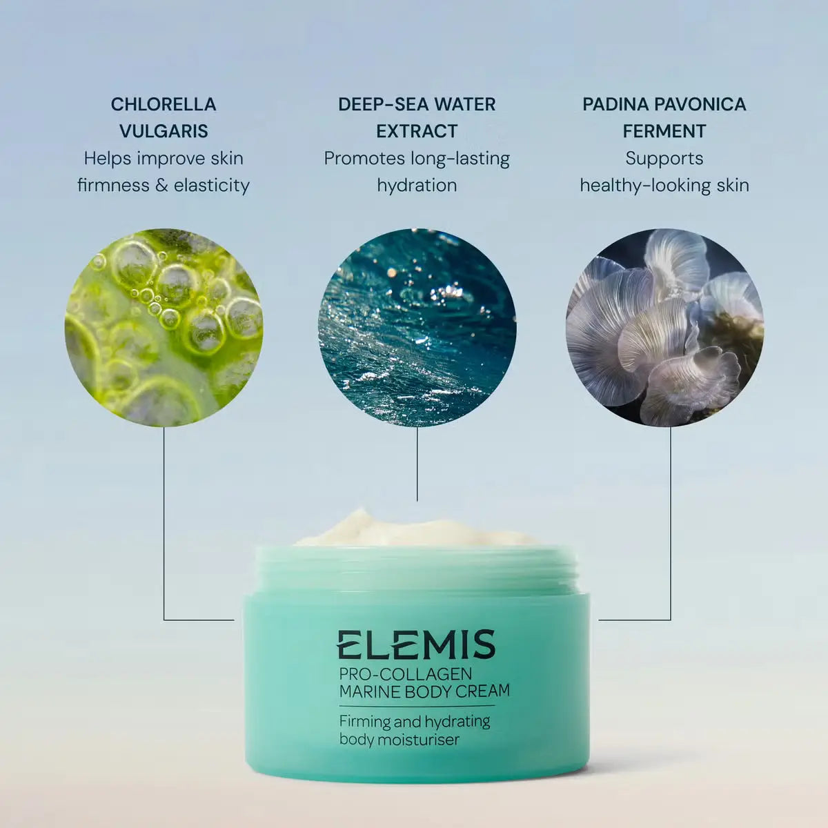 Elemis Pro-Collagen Marine Body Cream with ingredients displayed on a light blue background