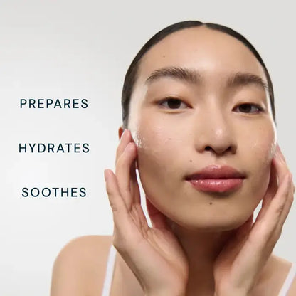 Woman applying skincare product with text 'Prepares', 'Hydrates', 'Soothes' on a white background
