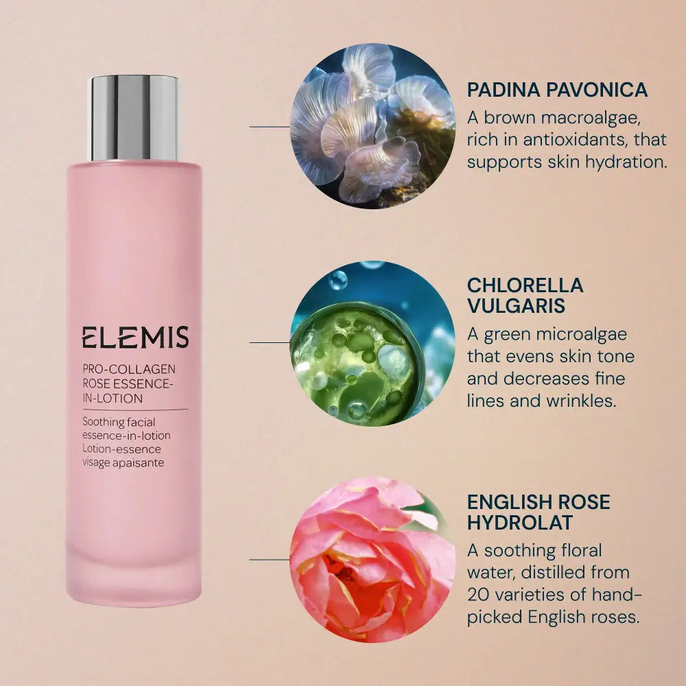 Elemis skincare product with images of algae and a rose, and text about ingredients on a beige background.