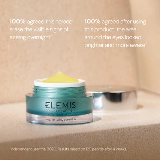 Elemis Pro-Colagen Eye Mask cream in a teal jar with a white lid, shown on a beige stone surface with marketing text and a silver cap in the background.