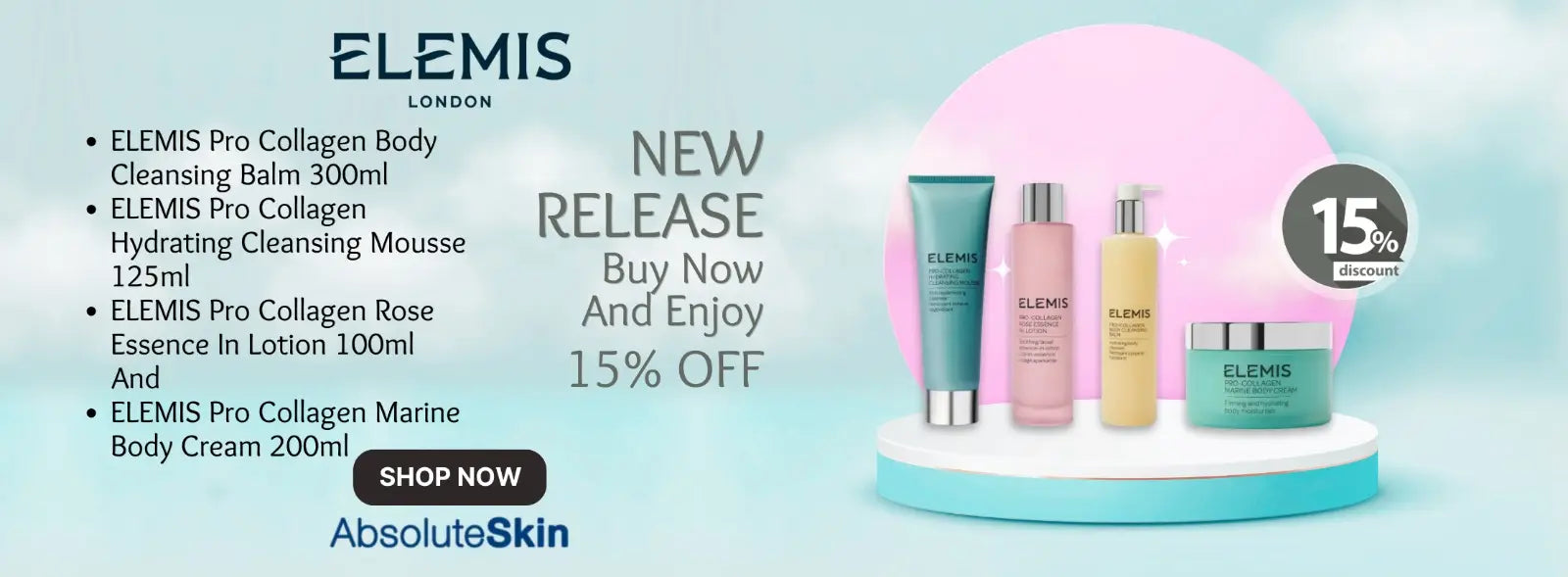 Elemis skincare products with promotional text on a light blue background
