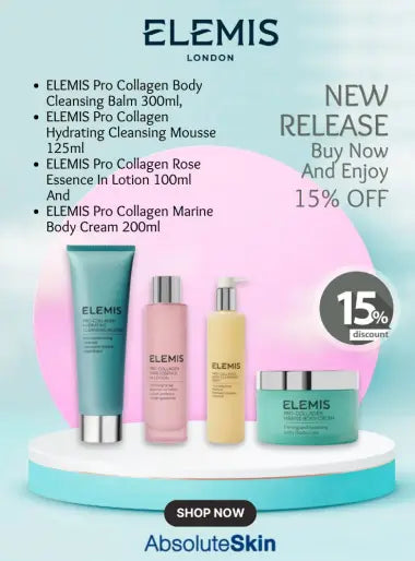 Elemis skincare products on a stand with promotional text and discount offer.
