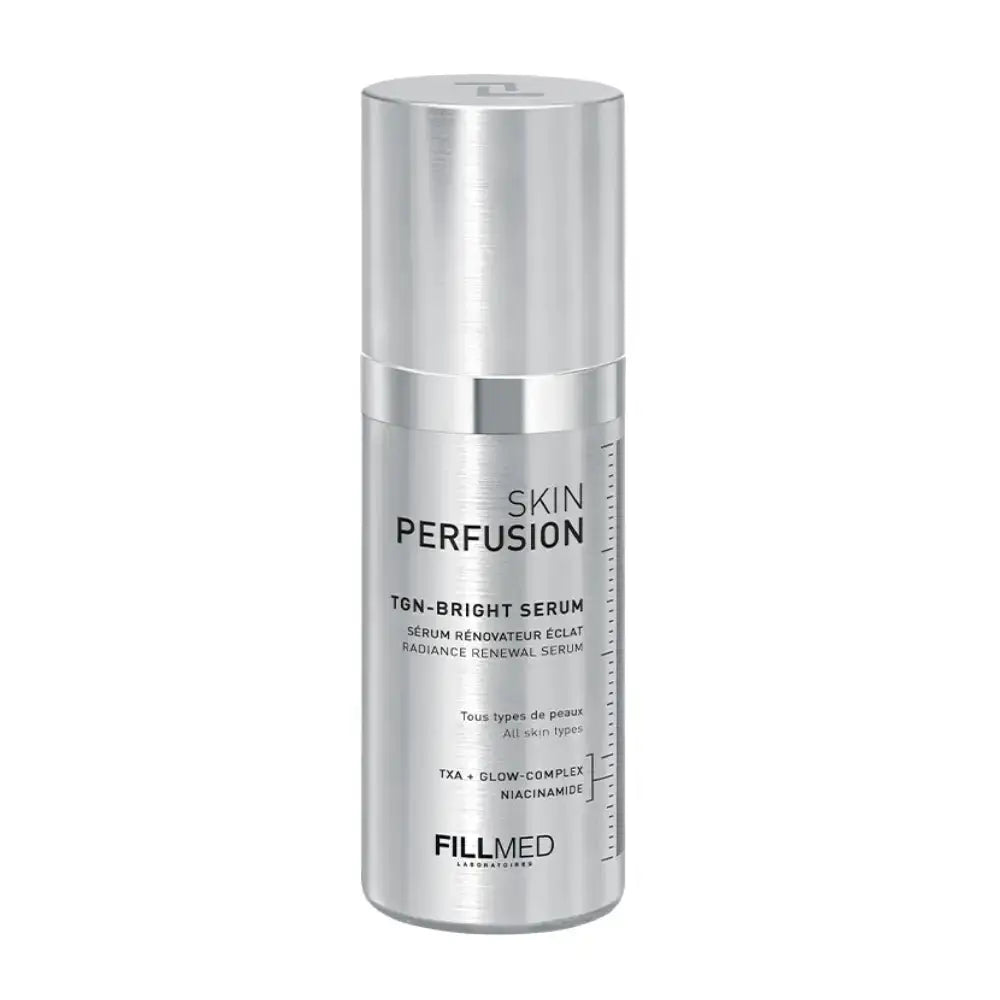 A silver cylindrical bottle of FILLMED Skin Perfusion TON-BRIGHT Serum on a plain white background.