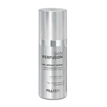 A silver cylindrical bottle of FILLMED Skin Perfusion TON-BRIGHT Serum on a plain white background.