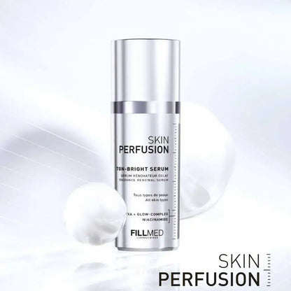 A silver cylindrical cosmetic serum bottle labeled 'SKIN PERFUSION TM-BRIGHT SERUM' by FILLMED, shown on a clean white background with soft blurred spheres and the product name repeated in the lower right.