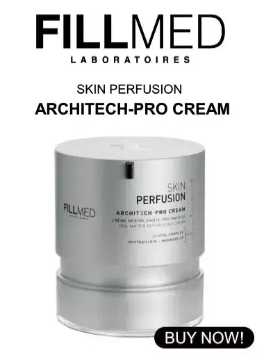 A silver cylindrical cosmetic jar labeled FILLMED Laboratoires Skin Perfusion Architech-Pro Cream, shown on a white background with large black text above and a black 'BUY NOW!' button at the bottom.