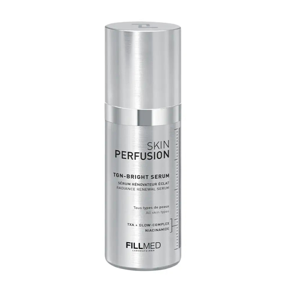 A silver cylindrical bottle of FILLMED Skin Perfusion TON-BRIGHT Serum on a plain white background.