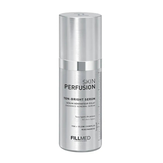 A silver cylindrical bottle of FILLMED Skin Perfusion TON-BRIGHT Serum on a plain white background.