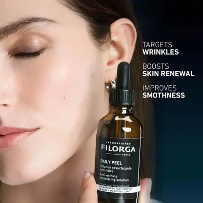 Skincare serum bottle held by a person with product features listed on the right.