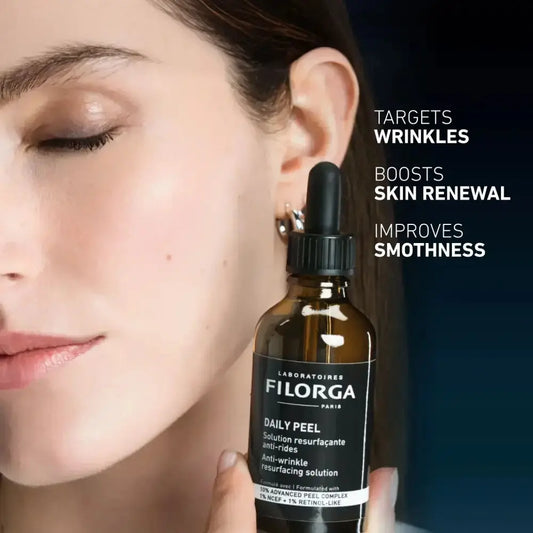 Skincare serum bottle held by a person with product features listed on the right.