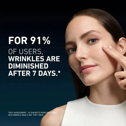 Woman touching her face with text about wrinkle reduction after 7 days on a dark background