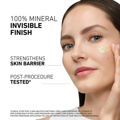 Woman applying cream to her face with text about a 100% mineral invisible finish skincare product.