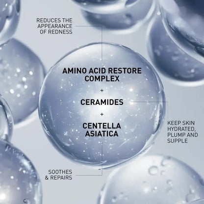 Close-up of clear droplets with text highlighting amino acid restore complex, ceramides, and centella asiatica.