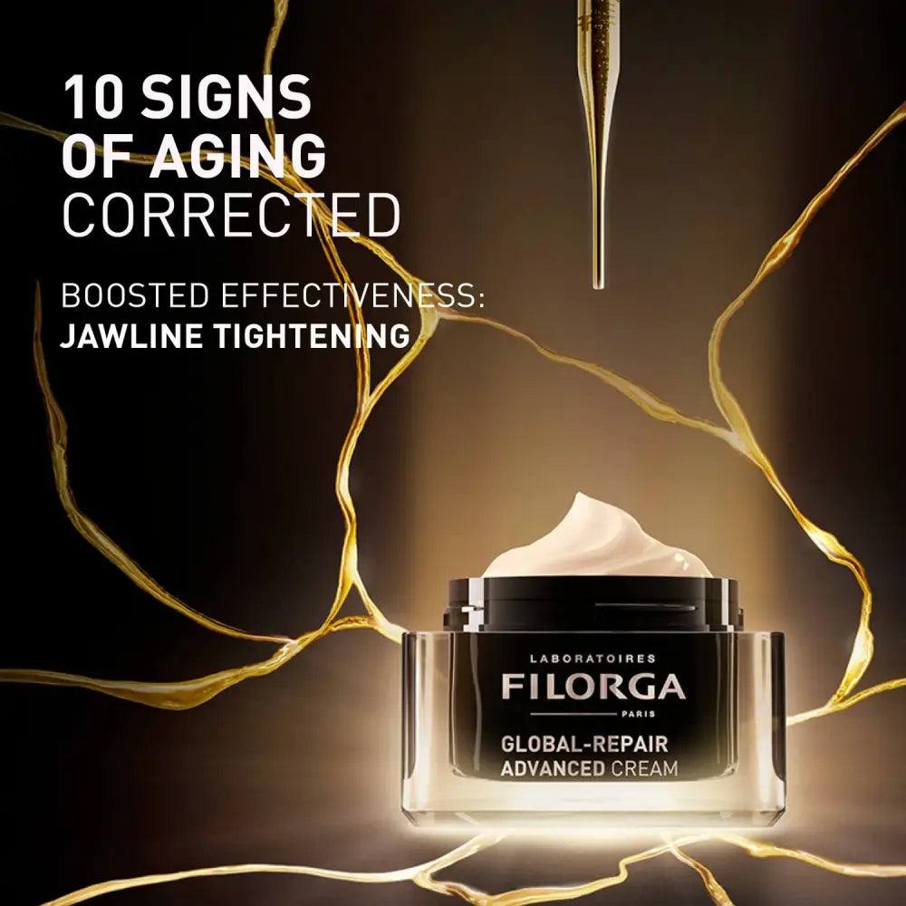 Filorga Global-Repair Advanced Cream jar with cream visible on top, set against a dark background with glowing gold abstract lines and text reading '10 SIGNS OF AGING CORRECTED' and 'BOOSTED EFFECTIVENESS: JAWLINE TIGHTENING'.