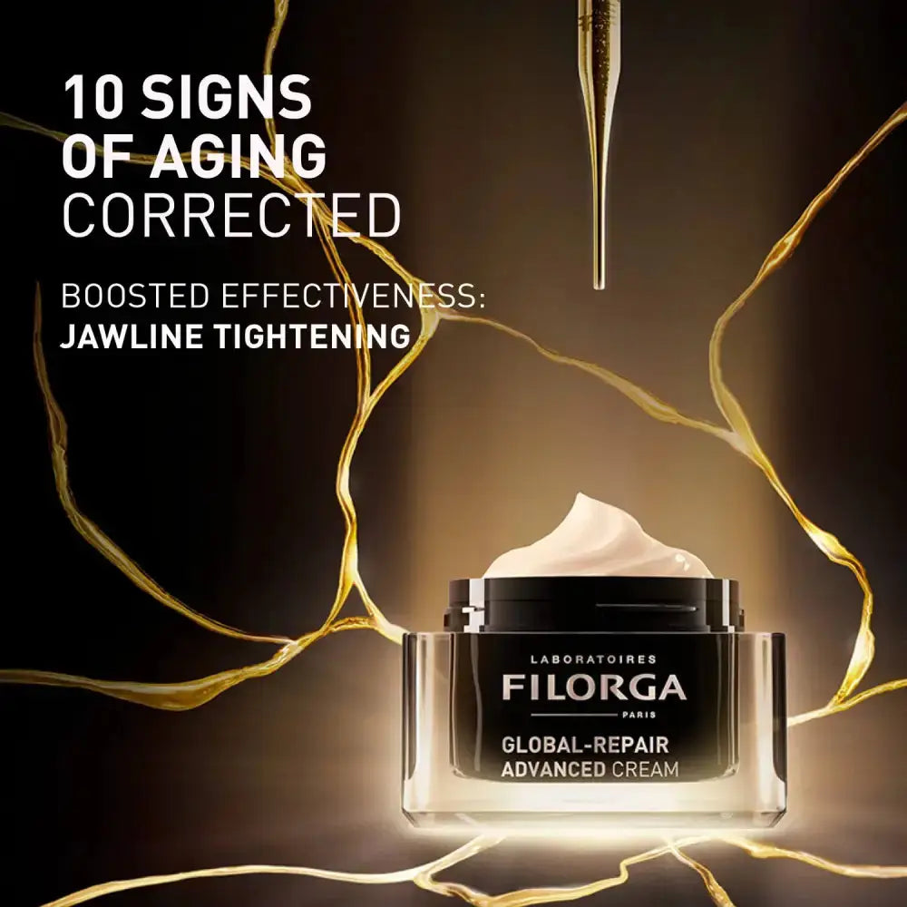 Filorga Global-Repair Advanced Cream jar with cream visible on top, set against a dark background with glowing gold abstract lines and text reading '10 SIGNS OF AGING CORRECTED' and 'BOOSTED EFFECTIVENESS: JAWLINE TIGHTENING'.