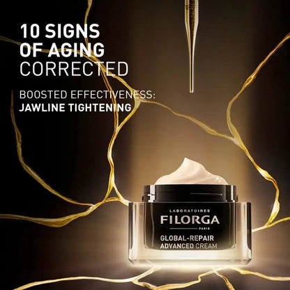 Filorga Global-Repair Advanced Cream jar with cream visible on top, set against a dark background with glowing gold abstract lines and text reading '10 SIGNS OF AGING CORRECTED' and 'BOOSTED EFFECTIVENESS: JAWLINE TIGHTENING'.