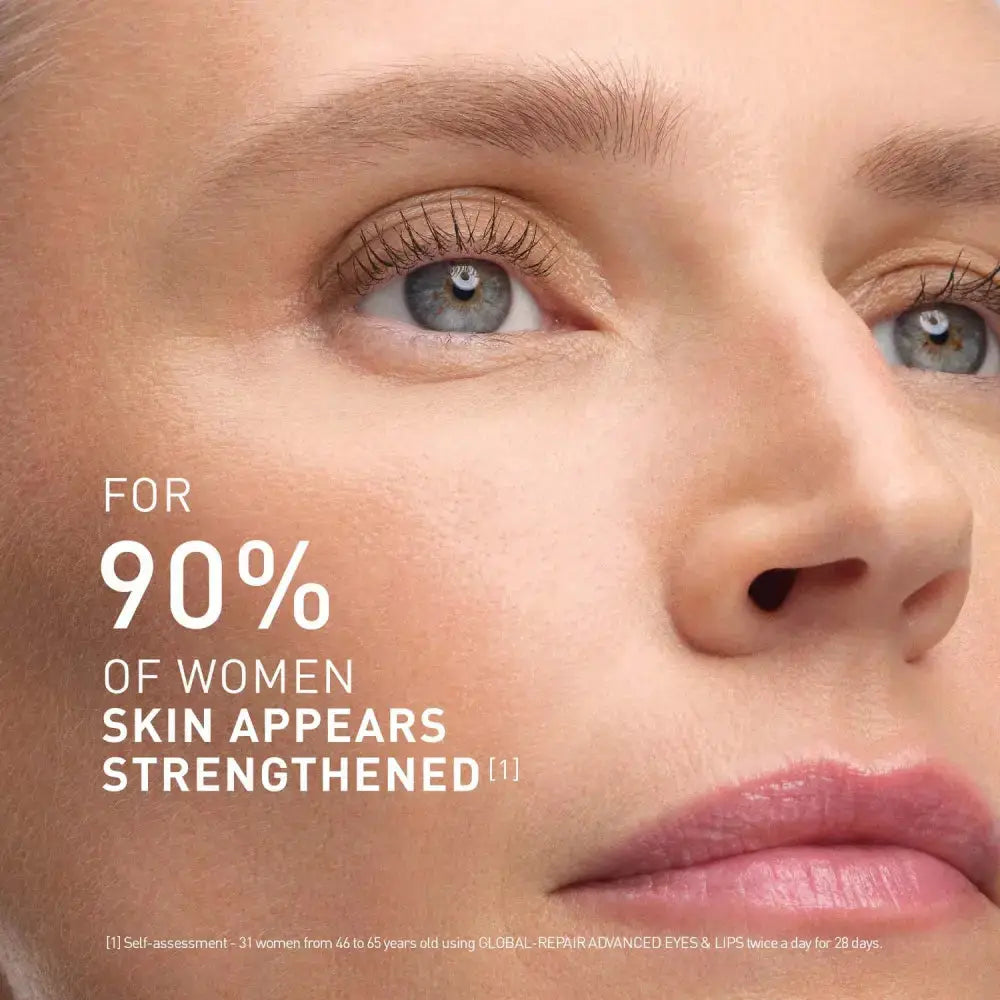 Close-up of a woman's face with text reading 'FOR 90% OF WOMEN SKIN APPEARS STRENGTHENED [1]' on a light beige background.