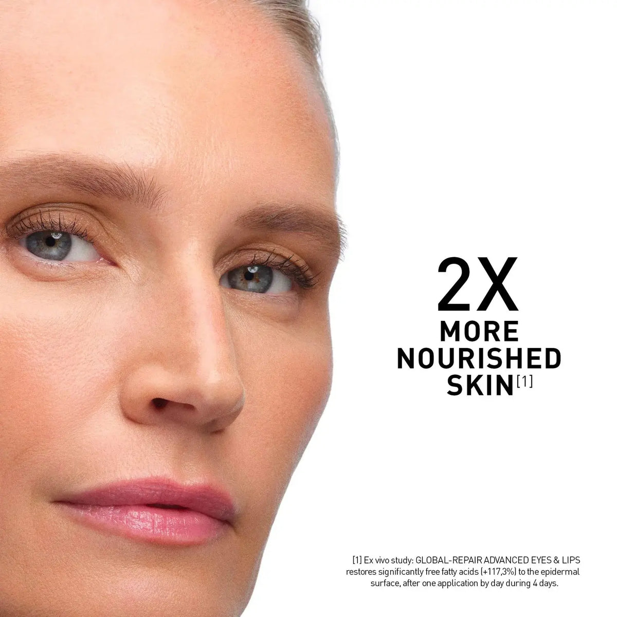 Close-up of a woman's face with text indicating '2X More Nourished Skin'.
