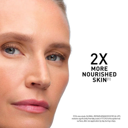 Close-up of a woman's face with text indicating '2X More Nourished Skin'.