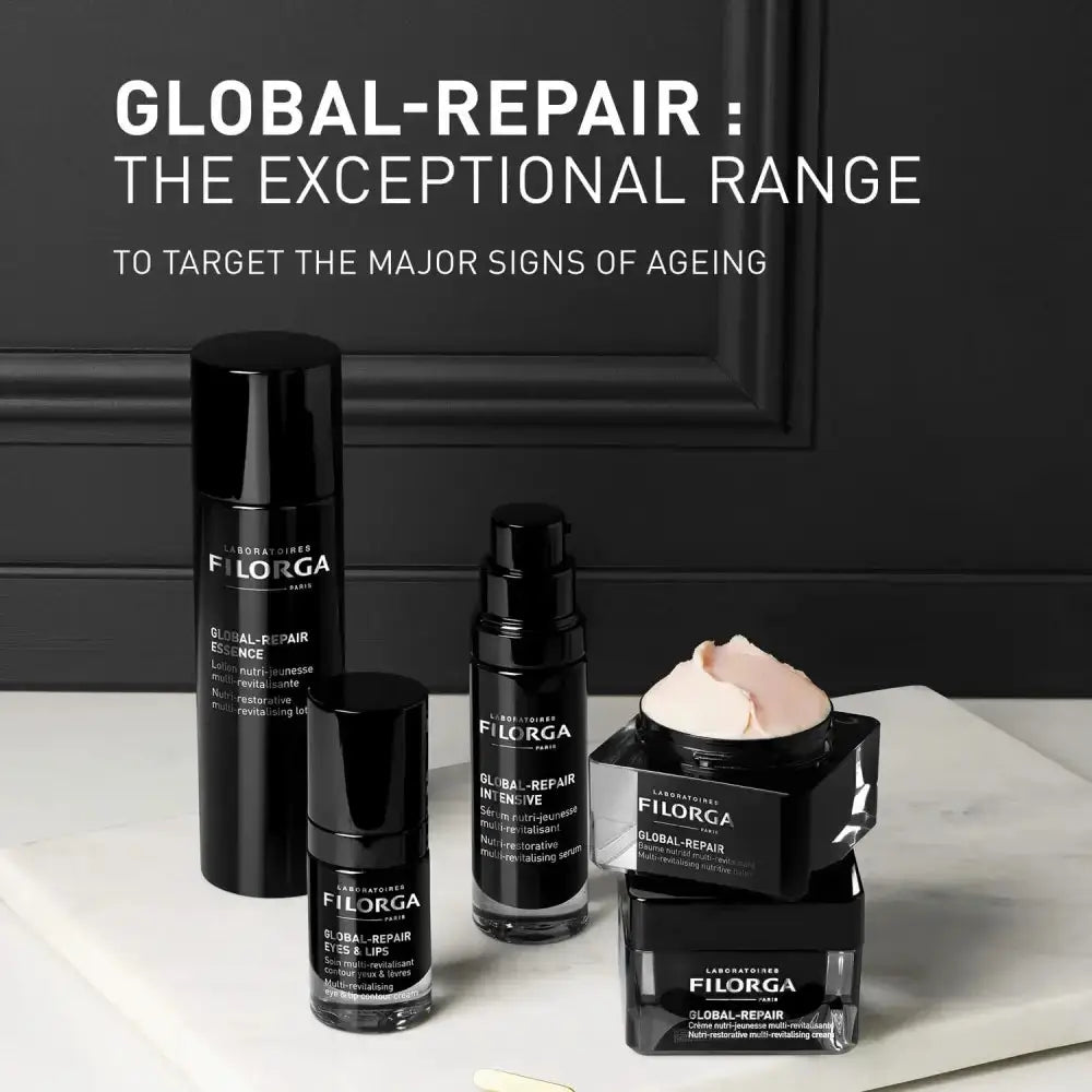 Filorga skincare products with text 'Global-Repair: The Exceptional Range' on a dark background