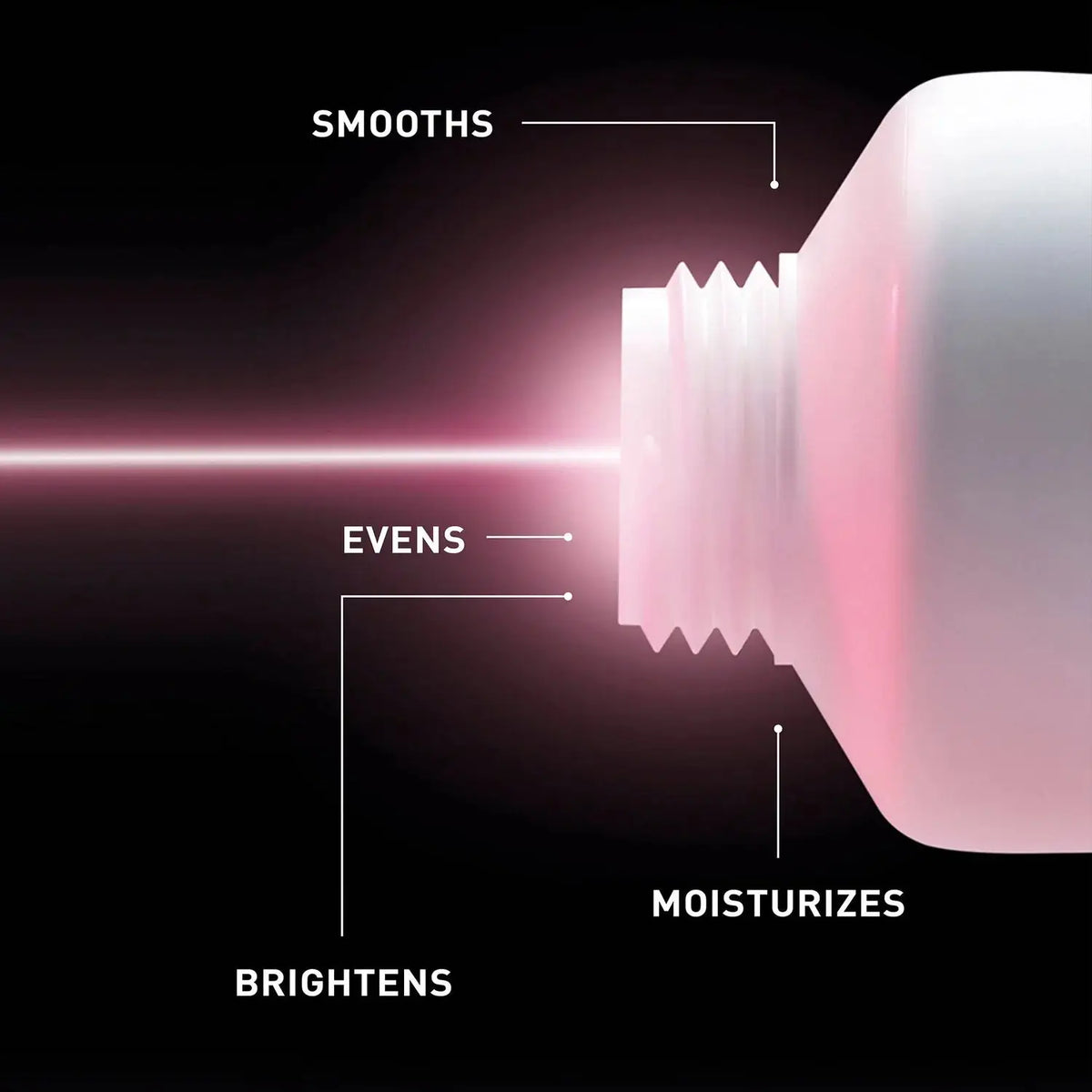 Illustration of a skincare device with labeled benefits on a black background