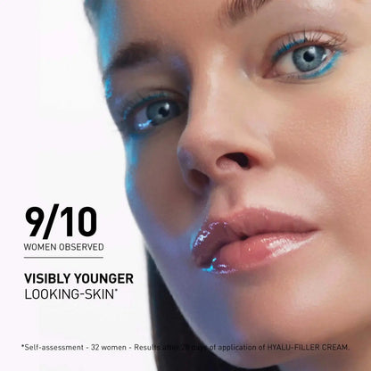 Close-up of a woman's face with text about skin cream effectiveness