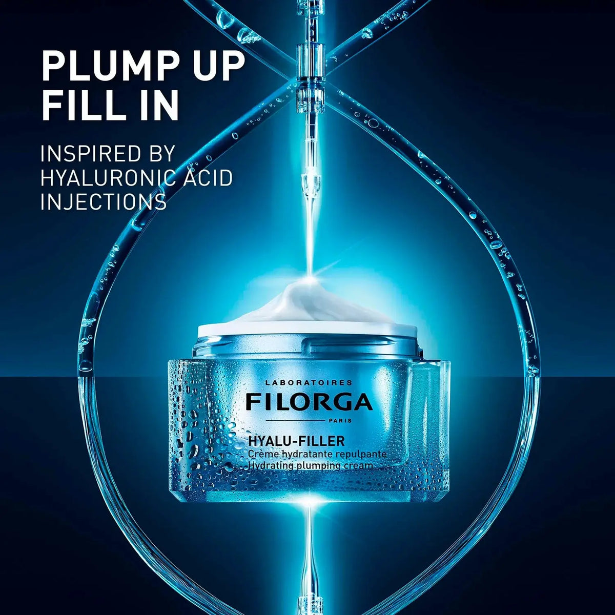 Filorga Hyalu-Filler cream jar with blue liquid being poured over it on a dark background.
