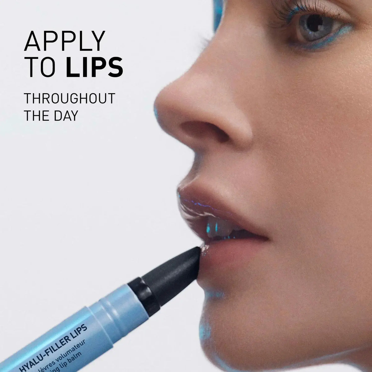Person applying lip product with text 'Apply to lips throughout the day' and 'HYZLLU-FILLER LIPS' visible.