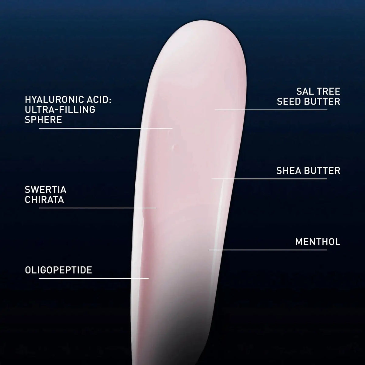 Close-up of a pink cosmetic product with labeled ingredients on a dark background