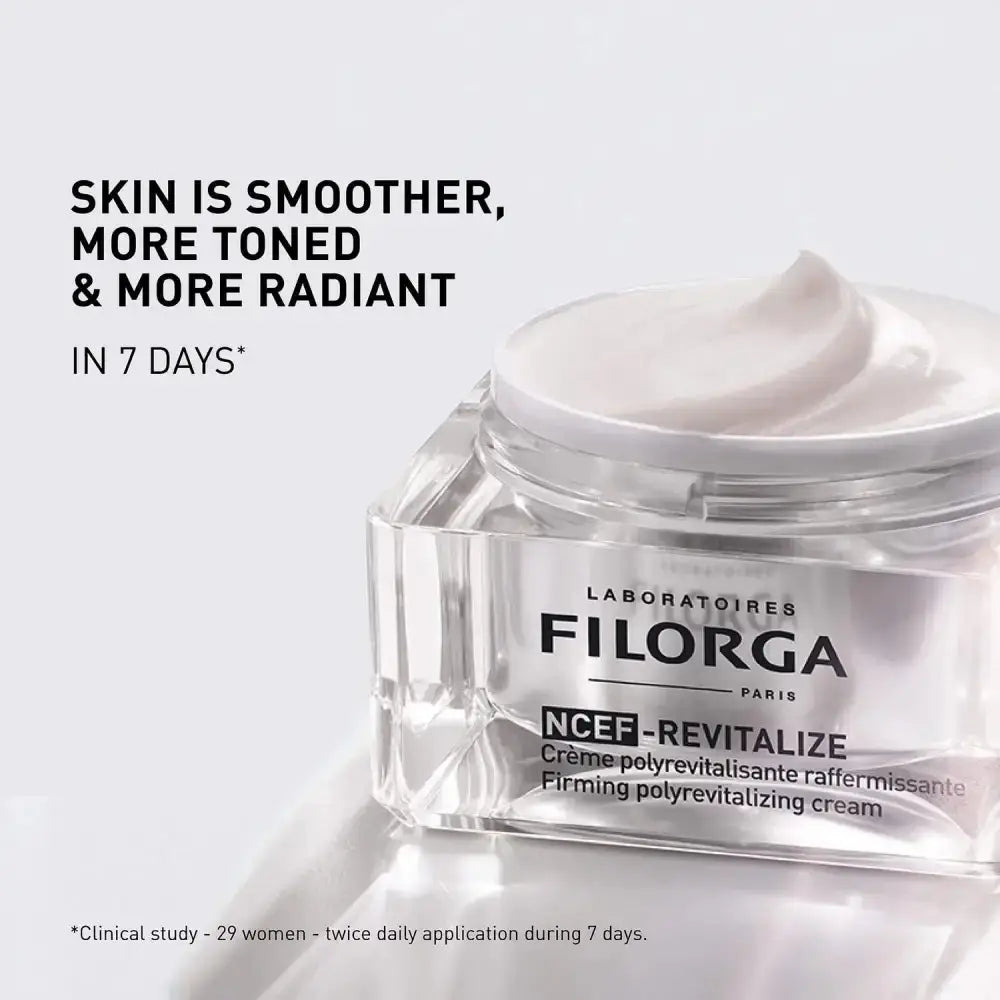 FILORGA NCEF-REVITALIZE cream jar with text on a light gray background