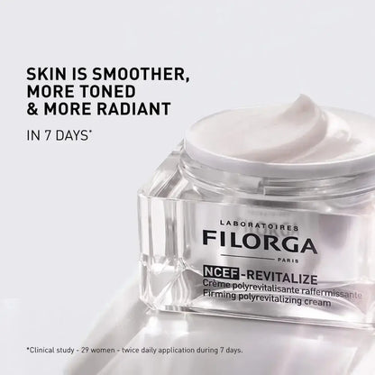 FILORGA NCEF-REVITALIZE cream jar with text on a light gray background