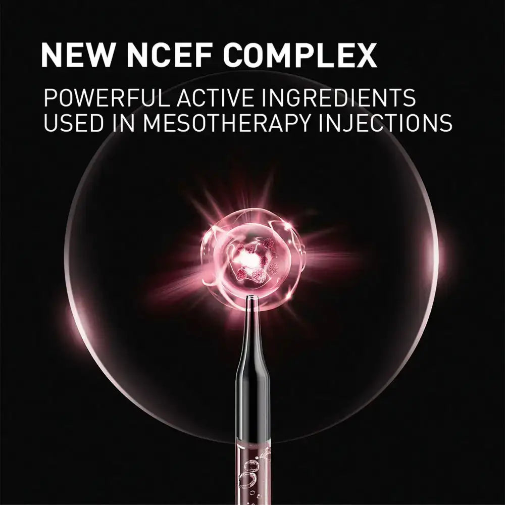 Intravenous needle with a glowing effect and text about NCEF Complex on a black background