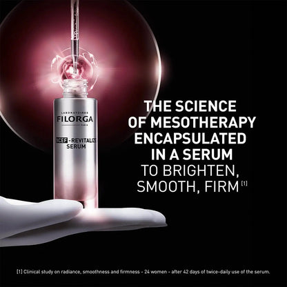 Filorga serum bottle with text on a dark background