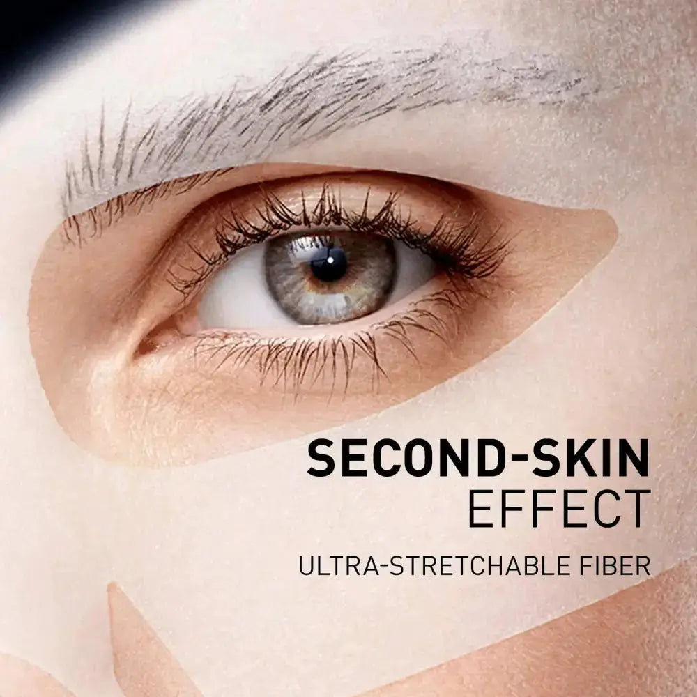 Close-up of a human eye with a translucent under-eye patch applied, plus overlaid text reading 'SECOND-SKIN EFFECT' and 'ULTRA-STRETCHABLE FIBER'.