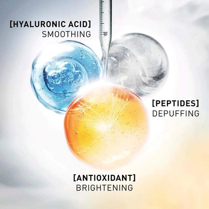 Three colored droplets labeled 'Hyaluronic Acid', 'Peptides', and 'Antioxidant' on a gradient background.