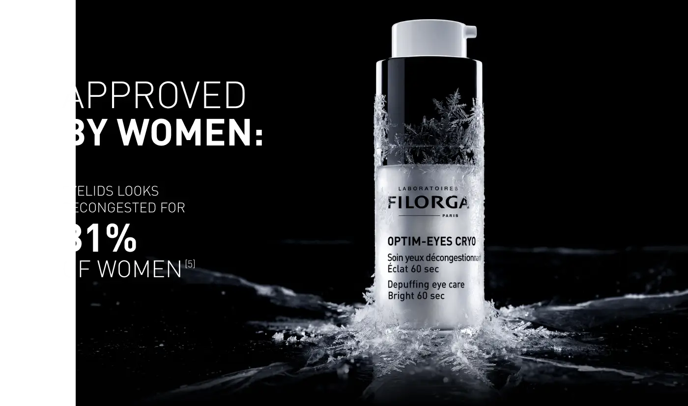 Filorga Optim-Eyes Cry depuffing eye care bottle on a dark reflective surface with splash effects, alongside promotional text on a black background.