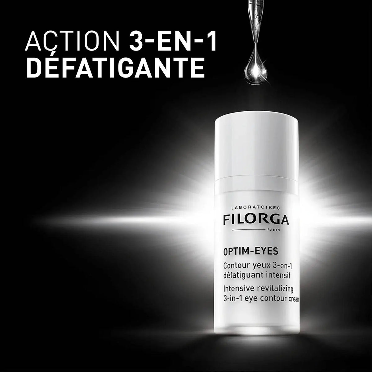 Filorga Optim-Eyes eye cream with text on a dark background