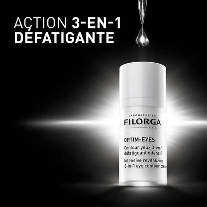 Filorga Optim-Eyes eye cream with text on a dark background