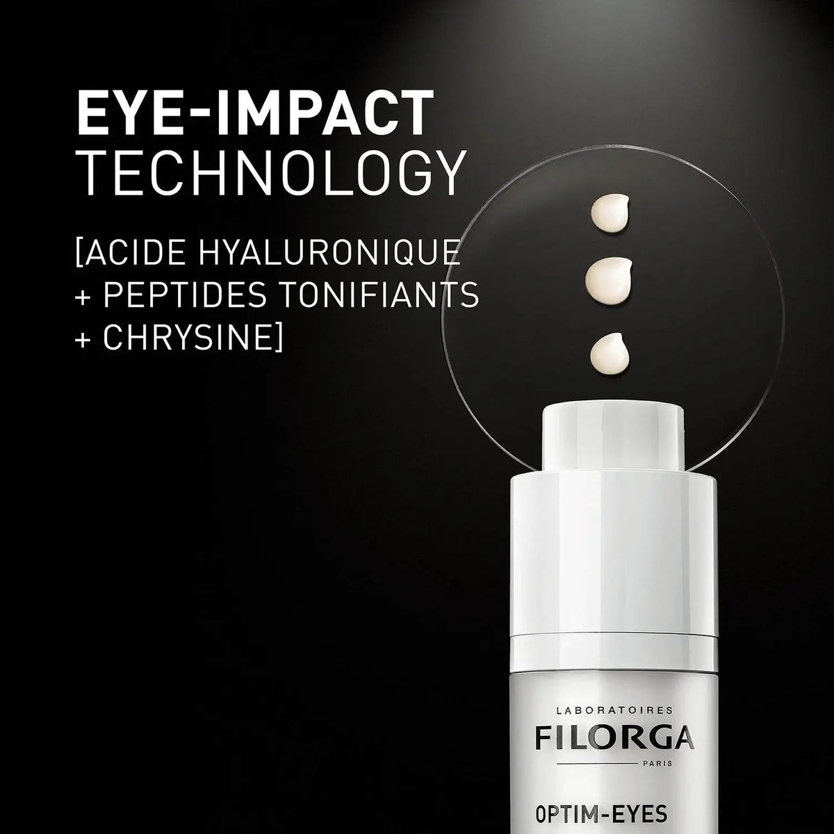 Filorga Optim-Eyes eye cream bottle on a black background with French marketing text reading 'EYE-IMPACT TECHNOLOGY' and three cream droplets floating above the pump.