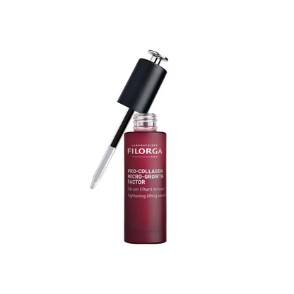 Filorga Pro-Collagen Micro-Growth Factor serum in a clear glass bottle with a black dropper cap, shown on a solid white background.