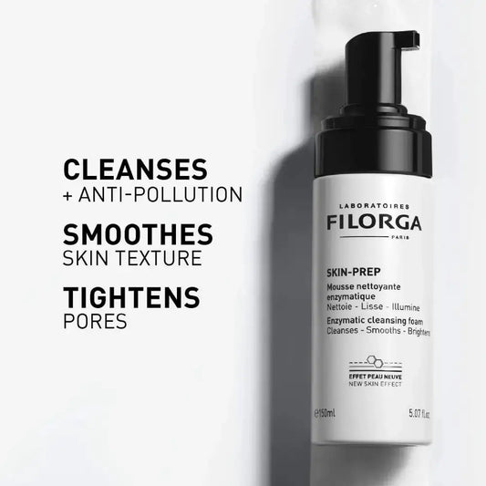Filorga Skin-Prep enzymatic cleansing foam in a white pump bottle with a black cap, shown next to text highlighting its benefits: cleanses, smooths skin texture, and tightens pores.