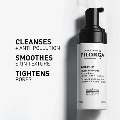 Filorga Skin-Prep enzymatic cleansing foam in a white pump bottle with a black cap, shown next to text highlighting its benefits: cleanses, smooths skin texture, and tightens pores.