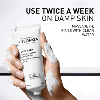 Filorga Skin-Prep cream with hands applying cream and text on a white background
