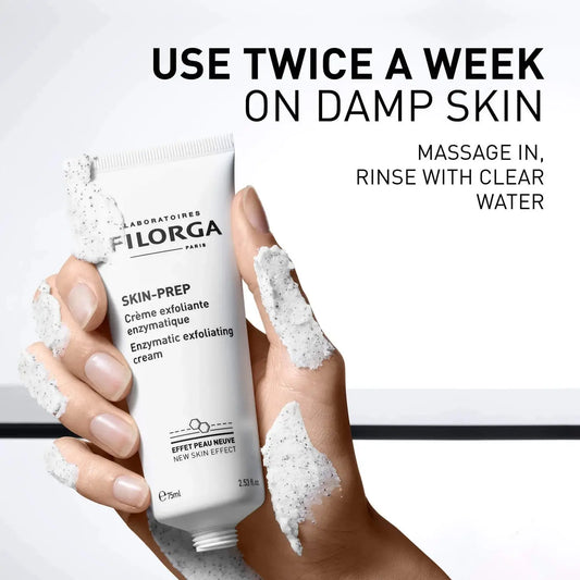 Filorga Skin-Prep cream with hands applying cream and text on a white background