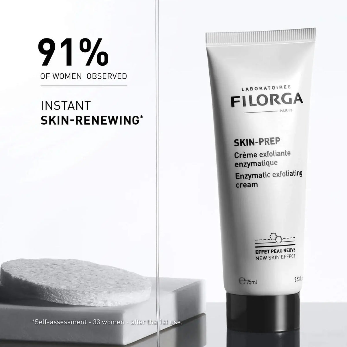 A white tube of FILORGA Skin-Prep enzymatic exfoliating cream stands on a reflective surface against a clean white background, with marketing text on the left side reading '91% OF WOMEN OBSERVED' and 'INSTANT SKIN-RENEWING'.