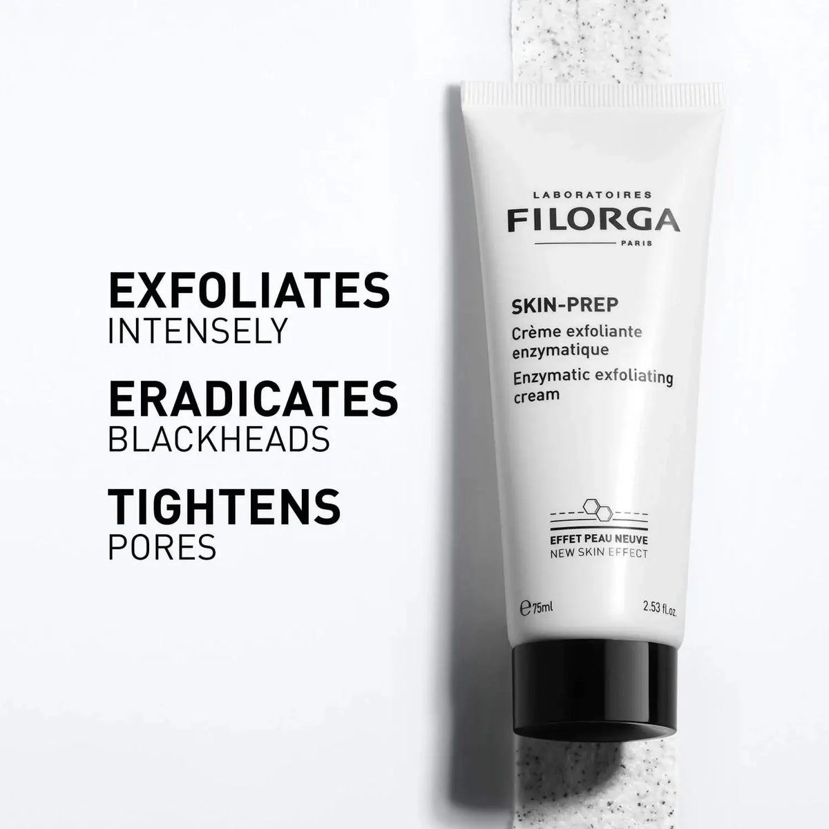 Filorga Skin-Prep cream tube with text highlighting its benefits on a white background