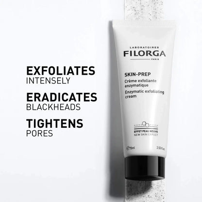 Filorga Skin-Prep cream tube with text highlighting its benefits on a white background